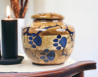 Handmade Wooden Pet Cremation Urn for Ashes with Paw Prints, Dog Cat Memorial Keepsake- Personalised Box