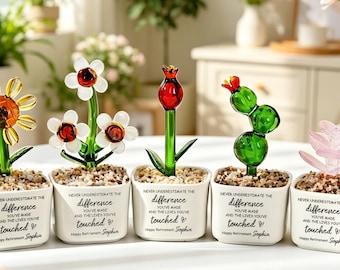 Personalized Mini Glass Flower Ceramic Pot,Custom Retirement Gift For Coworker Teacher Nurse,Handmade Glass Flower Plant Keepsake Gift
