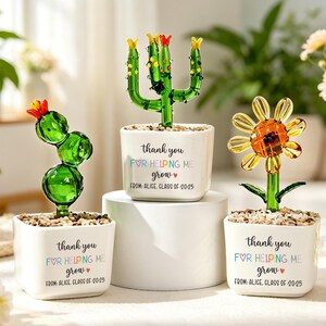 Könnte beinhalten: Drei Glaspflanzen-Ornamente in weißen, quadratischen Keramiktöpfen, die mit kleinen Steinen gefüllt sind. Jeder Topf trägt den aufgedruckten Text: thank you FOR HELPING ME grow FROM: ALICE. CLASS OF 2025. Die Pflanzen umfassen einen grünen Kaktus, einen Saguaro und eine gelbe Blume.