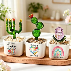 Personalized Teacher Ceramic Plant Pot With Handmade Glass Cactus Tulip,Custom Teacher Name Engraved Mini Planter,End Of Year Teacher Gift
