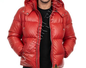 Rode puffer herenjas - bubbeljas van echt lamsleer - echte leren capuchon - gothic punk winter streetwear voor heren