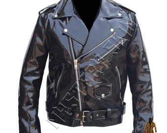 Glänzende schwarze PVC Motorradjacke - Herren glänzende Wet Look Bikerjacke - Rockstar Vinyl Moto Rider Flap Zipper Jacket für Herren