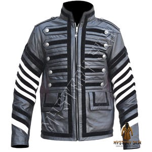 Men&#39;s Real Black Leather Military Band Jacket - Rock Star Cosplay Jacket - Customizable Hussar And Gothic Style Jacket with White Stripes