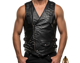 Gilet da motociclista in vera pelle da uomo - Gilet da motociclista con cinturino con fibbia - Chiusura con cerniera e bottone - Gilet in vera pelle nera da uomo