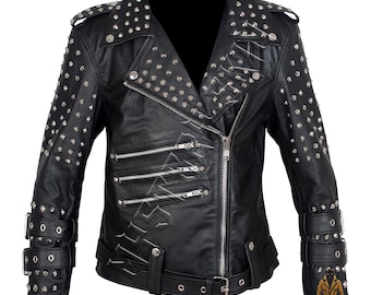 May include: Black leather biker jacket adorned with silver studs and zips. The jacket has a notched collar, an asymmetrical zip, and multiple pockets. The sleeves feature studded details and adjustable cuffs. A belt is present at the waist.