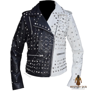 Men’s Studded Brando Leather Jacket - Split Personality Black & White Punk Rocker Jacket - Edgy Motorcycle Style Genuine Leather Jacket