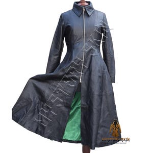 Genuine Leather Women&#39;s Long Coat - Black Gothic Trench Coat with Zipper - Steampunk Victorian Style Customizable Real Leather Coat