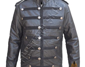 Men's Black Military Leather Jacket | Gothic Drummers Band Jacket | Genuine Leather Slim Fit Jacket |  | Punk Rock Biker Style Jacket