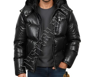 Mens Black Puffer Leather Jacket – Real Leather Bubble Coat - Genuine Leather Hooded Gothic Punk Winter Streetwear For Men