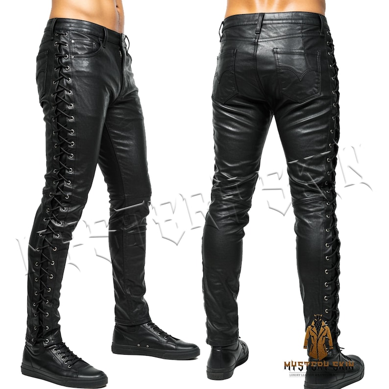 May include: Black leather trousers featuring lace-up detailing along the sides. The slim-fit trousers are displayed from the front and back. They are worn with black trainers.