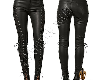 Damen-Schnürlederhose - Echte schwarze Echtleder Slim Fit-Hose - Motorrad-Schnürsenkelhose - Edgy Biker-Modehose