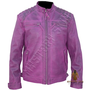 Pink Vintage Leather Jacket - Real Leather Waxed Motorcycle Jacket - Slim Fit Biker Style Jacket For Women - Customizable Rocker Jacket