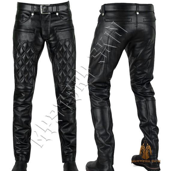Men's Motorcycle Leather Pants With Diamond Cuts Stitching
