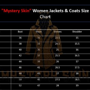 K&ouml;nnte beinhalten: Gr&ouml;&szlig;entabelle f&uuml;r "Mystery Skin" Damenjacken und -m&auml;ntel, mit Ma&szlig;en in Zoll. Die Tabelle umfasst die Gr&ouml;&szlig;en XS bis 5XL und listet Brust-, Taillen-, &Auml;rmel-, Schulter- und H&uuml;ftma&szlig;e auf.