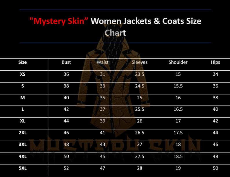 K&ouml;nnte beinhalten: Gr&ouml;&szlig;entabelle f&uuml;r "Mystery Skin" Damenjacken und -m&auml;ntel, mit Ma&szlig;en in Zoll. Die Tabelle umfasst die Gr&ouml;&szlig;en XS bis 5XL und listet Brust-, Taillen-, &Auml;rmel-, Schulter- und H&uuml;ftma&szlig;e auf.