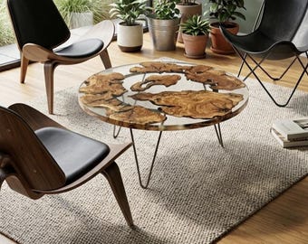 Handmade Live Edge Epoxy Coffee Table – Round Wooden Wood Slice Center Table – Modern Organic Resin Living Room Furniture & Unique Home Deco