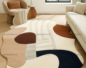 Modern Abstract Irregular Area Rug 5X7 7X10 Scandinavian Organic Shape Carpet, Minimalist Living Room Floor Decor, Contemporary Accent Rug.