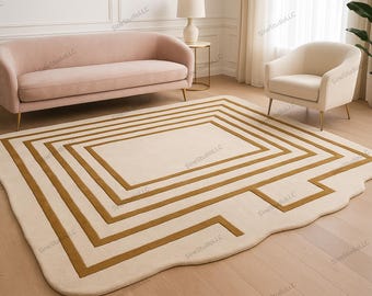 Modern Beige and Mustard Geometric Line Rug – Abstract Minimalist Soft Tufted Carpet for Living Room, Bedroom, or Lounge Décor.