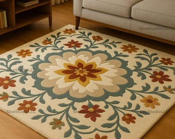 Floral Medallion Rug with Cream Background, Traditional Carpet with Mustard, Rust & Teal Flowers, Vintage-Inspired Living Room Accent 6X6
