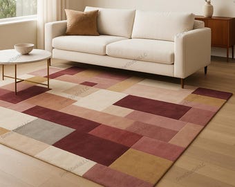 Modern Burgundy & Beige Geometric Wool Rug | Hand-Tufted Abstract Area Carpet for Living Room | Warm Blush and Mustard Block Design