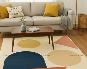 Modern Geometric Area Rug with Colorful Shapes 5X7 5X8 7X10 Mid-Century Minimalist Design in Navy, Mustard, and Terracotta Tones