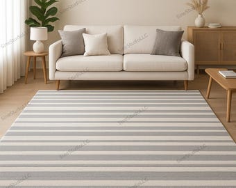 Modern Minimalist Gray & Ivory Striped Area Rug – Hand-Tufted Wool Carpet, Neutral Scandinavian Living Room Rug, Soft Contemporary Decor.