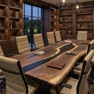 Op de afbeelding: Een grote vergadertafel van hout met een natuurlijke rand en een centrale zwarte harsinleg, omringd door acht beige lederen bureaustoelen met zwarte metalen frames, in een bibliotheekruimte met donkerhouten boekenplanken.