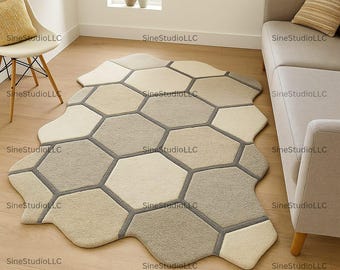 Modern Hexagon Geometric Area Rug in Beige and Gray – Irregular Shape Contemporary Carpet for Living Room, Bedroom, Home Decor