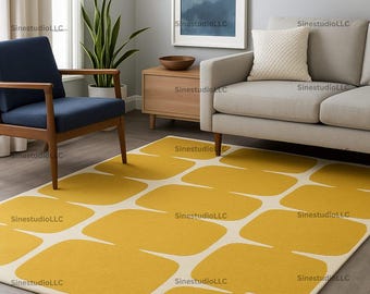 Bold Mustard Yellow Modern Rug with Retro Geometric Block Pattern 5X7 5X8 7X10 8X10 Mid-Century Accent for Living Room or Office Decor