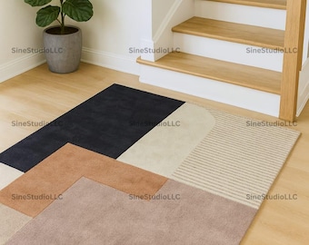 Geometric Block Area Rug in Beige, Brown, Black & Cream 5X7 5X8 7X10 8X10 Contemporary Scandinavian Style Rectangular Carpet for Living Room