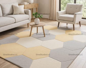 Modern Scandinavian Rectangular Rug with Honeycomb Hexagon Pattern in Soft Yellow, Gray, and Cream – Minimalist Geometric Area Carpet