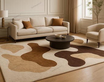 Modern Abstract Organic Shape Rug 6X9 5X8 9X12 Beige, Brown & Cream Contemporary Living Room Carpet – Soft Handmade Area Rug.