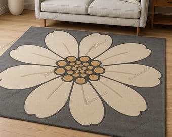 Modern Large Daisy Flower Rug – Beige & Mustard Floral Design on Gray | Contemporary Living Room Carpet | Retro Bloom Area Rug