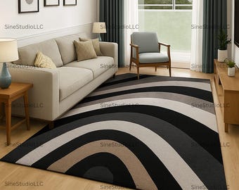 Modern Rectangular Area Rug with Bold Black, Beige & Gray Arch Stripe Pattern – Contemporary Geometric Carpet for Living Room Décor