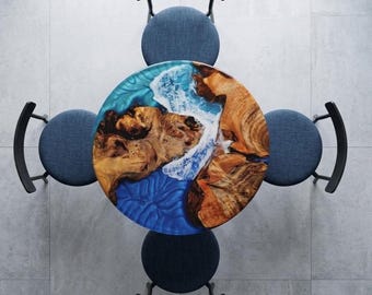 Walnut Epoxy River Dining Table, Round Live Edge Wood Table, Blue Resin Table, Handmade Custom Furniture