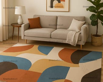 Mid century modern geometric area rug with abstract curved shapes in terracotta, mustard yellow, blue, beige & brown for retro home décor
