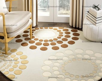 Modern Round Area Rug with Concentric Polka Dot Design in Beige and Brown – Soft Minimalist Carpet for Living Room or Bedroom Decor