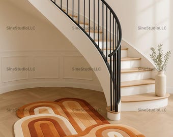 Retro Wavy Area Rug in Warm Earth Tones | Irregular Shaped Mid Century Modern Carpet | Abstract Boho Accent Rug for Living Room