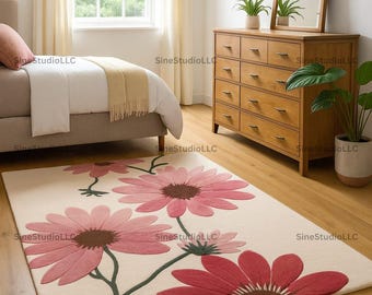 Pink & Red Floral Area Rug 5X7 5X8 7X10 8X10 Cream Background Nature-Inspired Carpet for Bedroom and Playroom Carpet Living Room Bedroom
