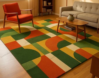 Modern Retro Geometric Rug for Living Room | Mid-Century Style Area Carpet 5X8 9X12 8X10 Green Orange Yellow Abstract Pattern Floor Rug