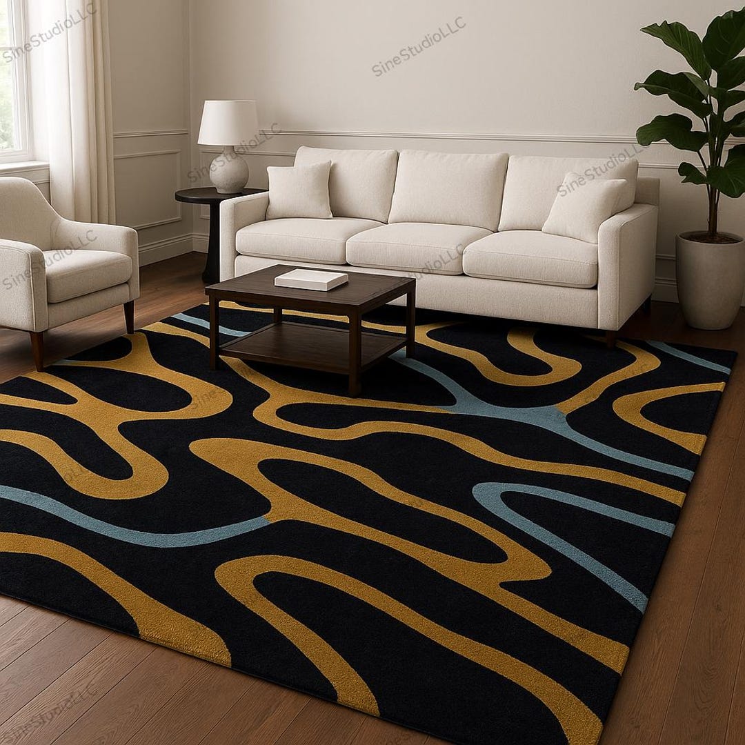 Modern Black Abstract Wavy Rug – Mustard Gold & Blue Line Pattern ...