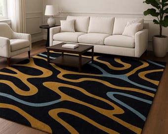 Modern Black Abstract Wavy Rug – Mustard Gold & Blue Line Pattern | Contemporary Living Room Carpet | Bold Statement Area Rug