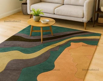 Modern Abstract Landscape Area Rug – Green, Mustard, Terracotta & Brown – Contemporary Rectangular Carpet with Flowing Wavy Line Design