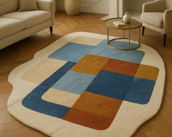 Modern Abstract Geometric Rug | Soft Curvy Edge Carpet with Blue, Beige, Rust & Mustard Blocks | Contemporary Living Room Area Rug