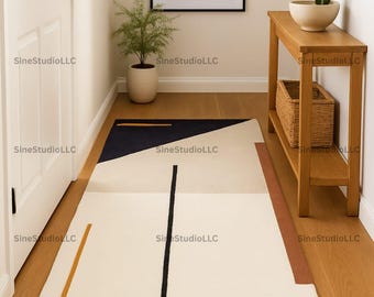 Modern Geometric Runner Rug Ivory with Black, Mustard, Navy & Rust Abstract Lines – Minimalist Hallway, Entryway and Contemporary Home Decor