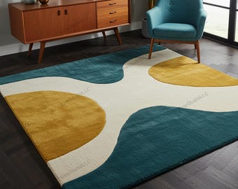 Modern Mid-Century Abstract Area Rug – Teal Blue, Mustard Yellow & Ivory Geometric Shapes Carpet – Retro Curved Pattern Living Room Rug.