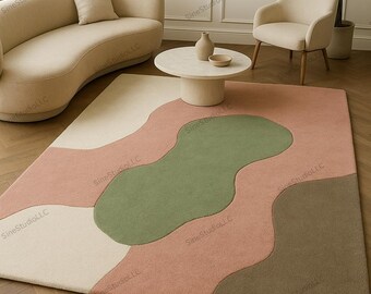 Modern Abstract Handmade Tufted Rug – Pink, Green & Beige Artistic Pattern Carpet for Living Room | Soft Minimalist Designer Area Rug