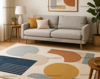 Modern Abstract Geometric Rug, Mid-Century Style Area Carpet with Circles, Arches & Blocks in Mustard, Terracotta, Navy and Beige
