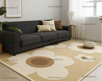 Modern Beige Floral Area Rug 5X7 5X8 7X10 Large Daisy Pattern Carpet for Living Room & Bedroom | Soft Scandinavian Retro Style Decor