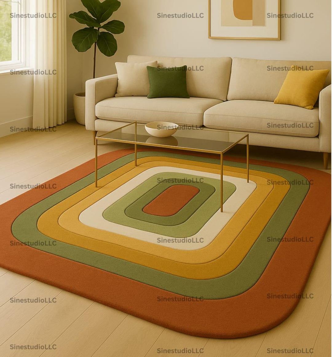 Retro Mid-century Modern Rug 5X7 5X8 Terracotta, Mustard & Olive